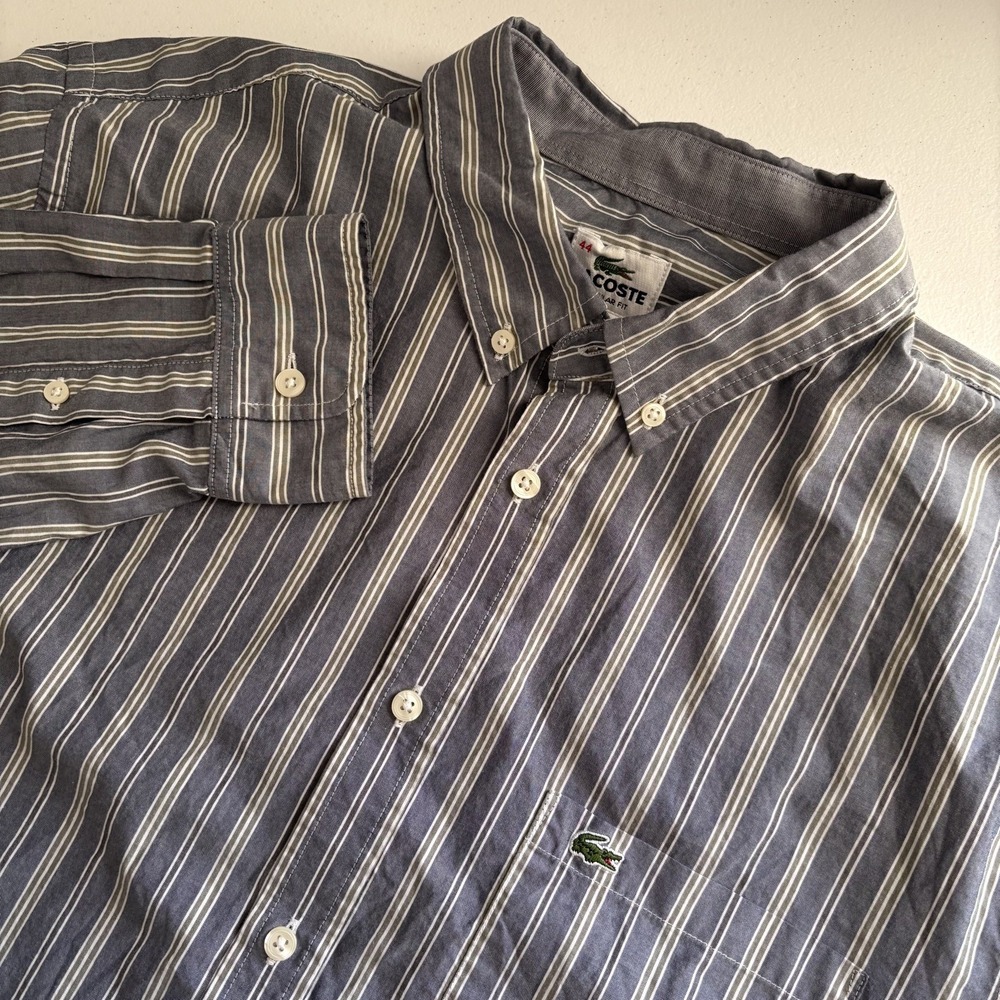 Lacoste Mens Striped Button Down Long‎ Sleeve Shirt Size 44 XL Blue Green Preppy